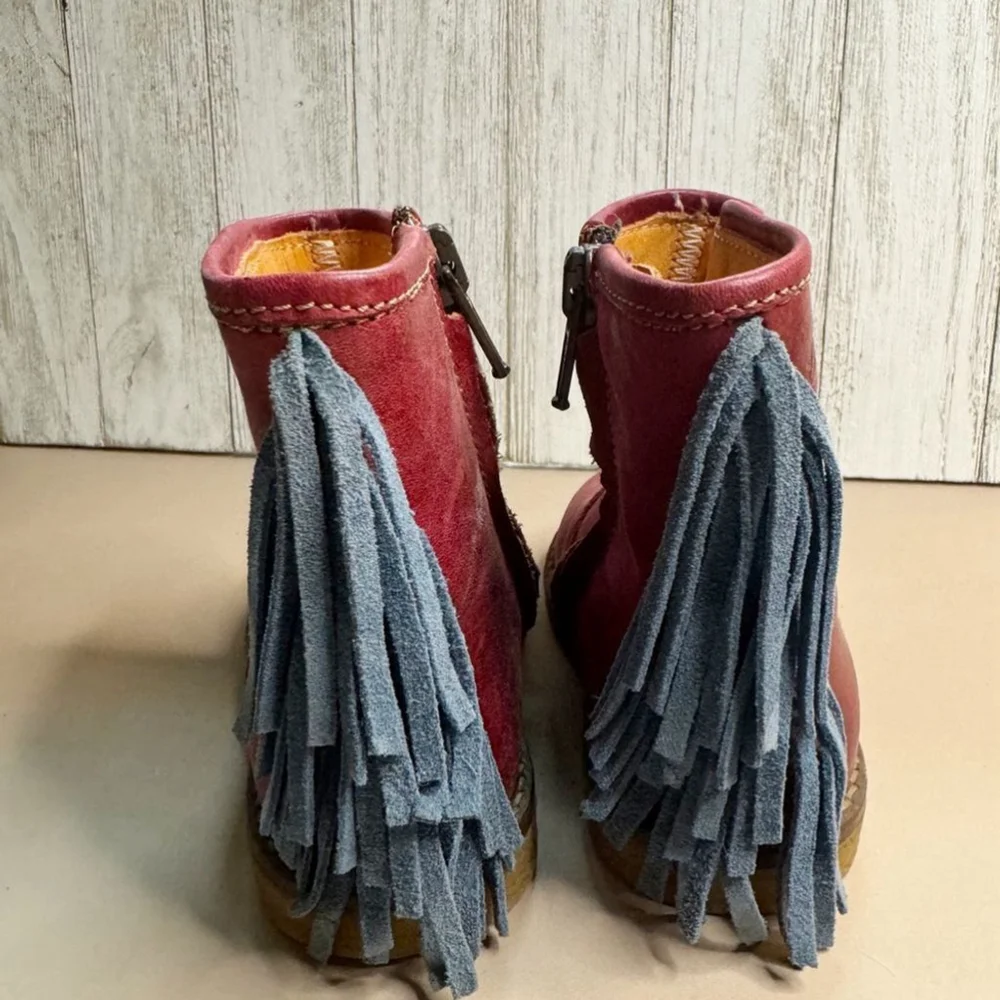 Ocra Distressed Red bootie with Blue suede Fringe. Size 21/5. Great condition